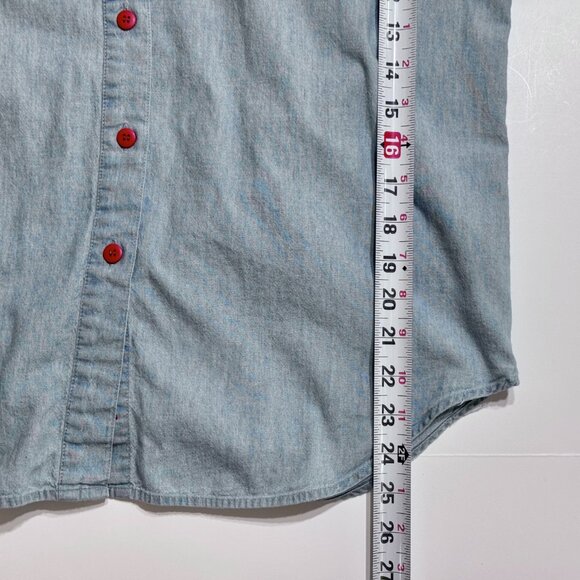 Vtg Christmas Stamps Denim Button Down Shirt Embroidered Holiday Festive Teacher - Picture 13 of 16